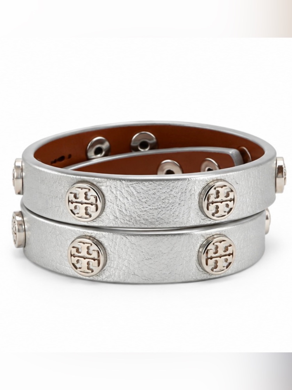 Tory Burch Silver Double Wrap Logo Leather Bracelet